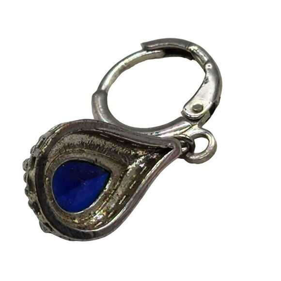 Pendant Necklace Blue Teardrop Stone Inlaid in Silver Tone Metal Art Deco Stylin - Picture 3 of 4